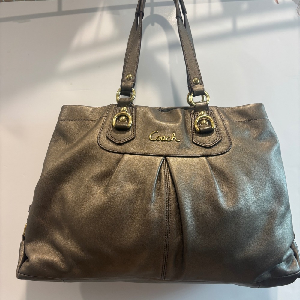 Coach Ashley Carryall Metallic Bronze Pewter Leather Tote Bag F15513
